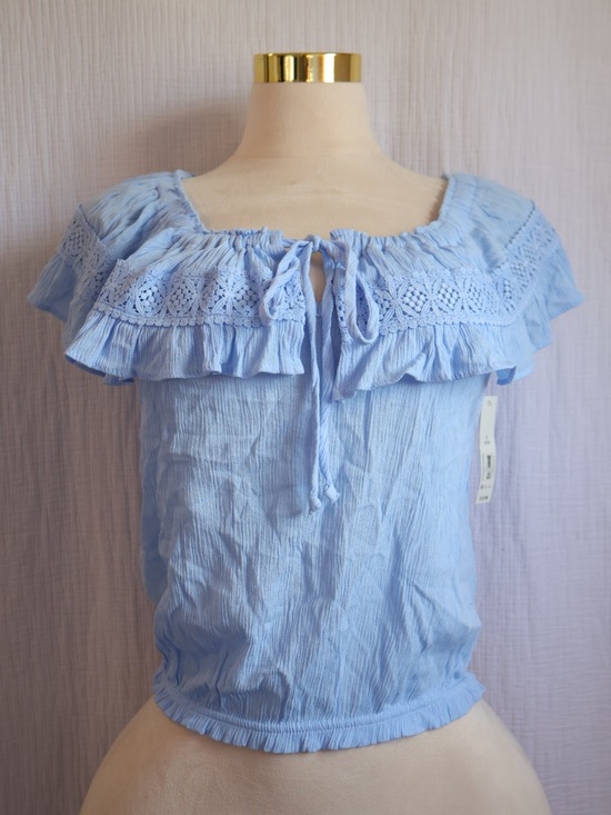 No Boundaries Tops - No Boundaries Light Blue Ruffled Crochet-Trim Off-Shoulder Top